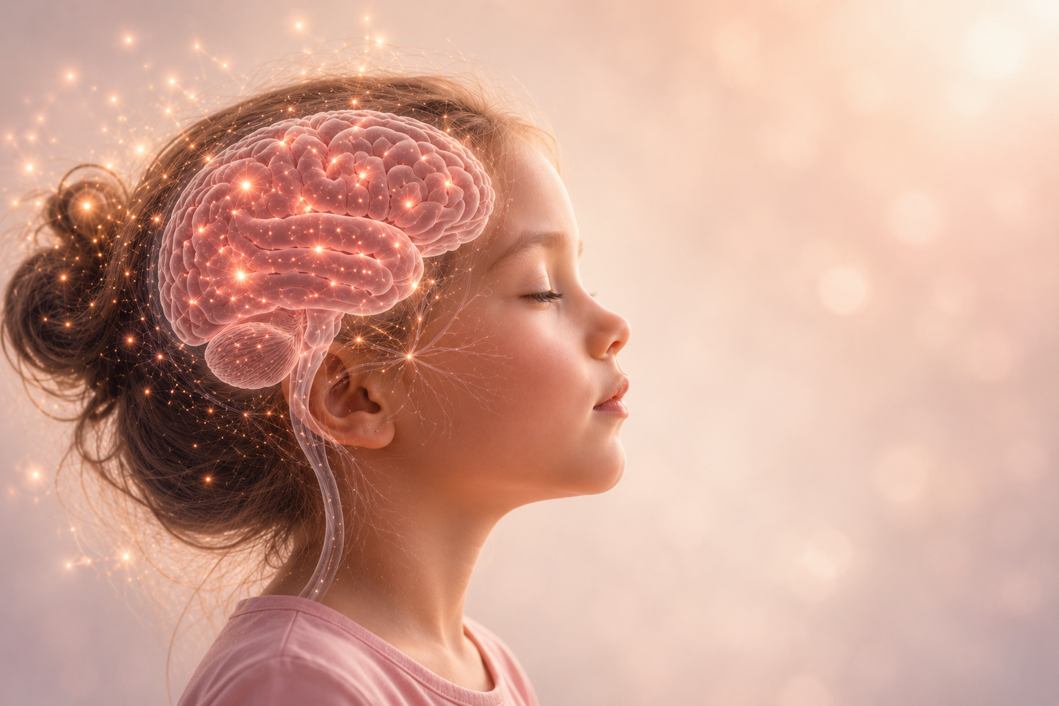 A young girl with closed eyes, featuring a digital illustration of a human brain overlaid on her head, with glowing synapses and neural connections.