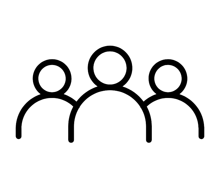 Line drawing of three people standing together, with the central figure being larger, representing a group or team.