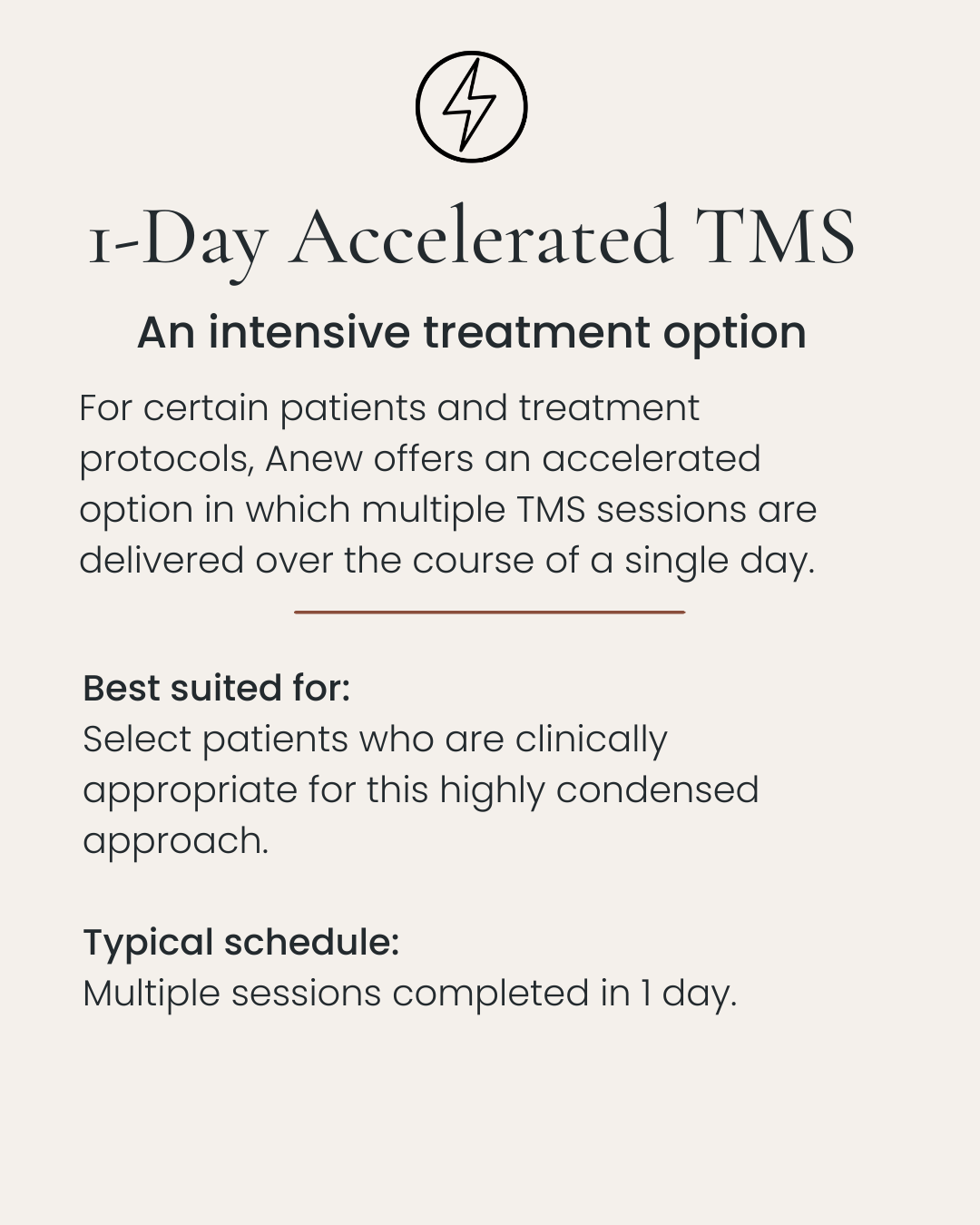 Information page about 1-day accelerated TMS treatment, describing it as an intensive treatment option for certain patients, with sessions completed in a single day, suitable for Clinically appropriate patients, and usually scheduled as multiple sessions in one day.
