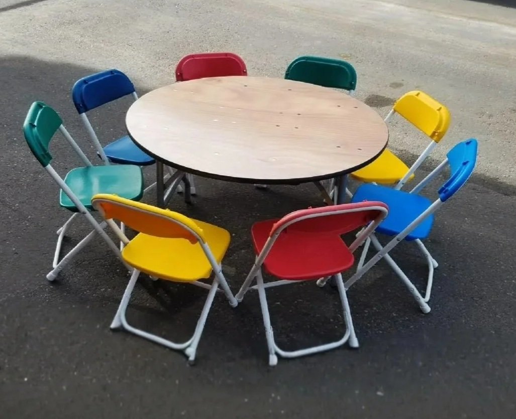 36" Kids Table Set 
Includes: 36" wood table and 8 assorted color chairs $22.00