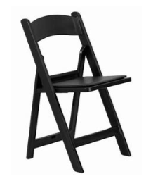 Black resin padded folding chair rental for parties and events
