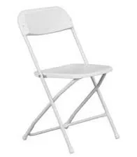 White plastic folding chair rental for parties and events.