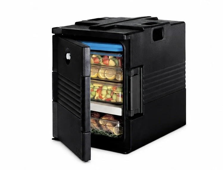 A black portable food storage and refrigeration unit with its door open, revealing shelves filled with various containers of food, including salads, fruits, and prepared dishes.