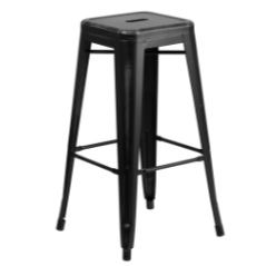 Black metal bar stool with a square seat and four slightly splayed legs.