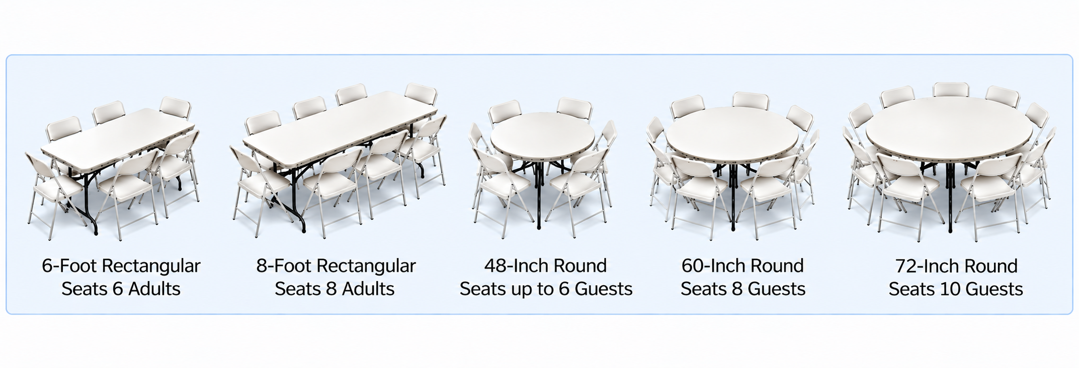 Table and chair rental seating guide showing multiple table sizes and seating configurations for parties and events.