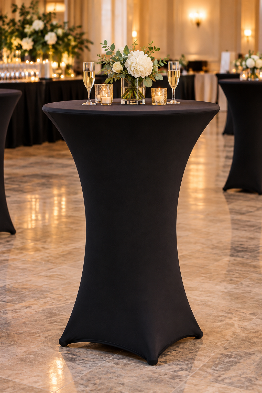 Mesa de cóctel con mantel ajustado de spandex