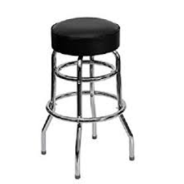 A black cushioned stool with a metal frame and three circular support rings