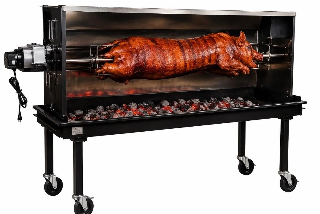 A whole pig being roasted on an electric rotisserie grill with red hot coals below.