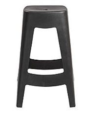 Black plastic stool with a square seat and two horizontal support bars
