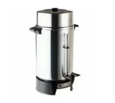 A stainless steel hot water dispenser or urn with a spout and lid.