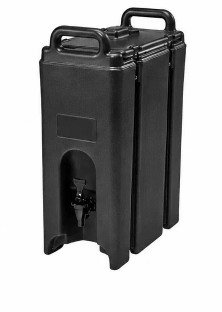 Black portable water dispenser with a built-in tap and handles, designed for easy transport.