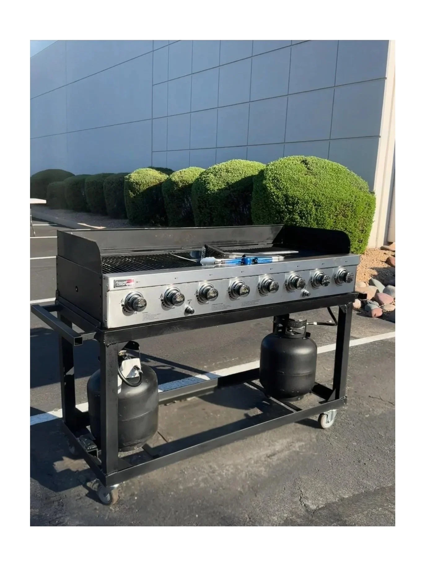 Gas grill with propane tanks on a cart in a parking lot, with green bushes and a modern building wall in the background.