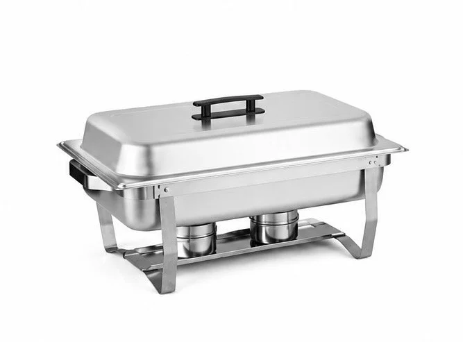 Stainless steel chafing dish with lid and fuel cans underneath for catering or buffets.