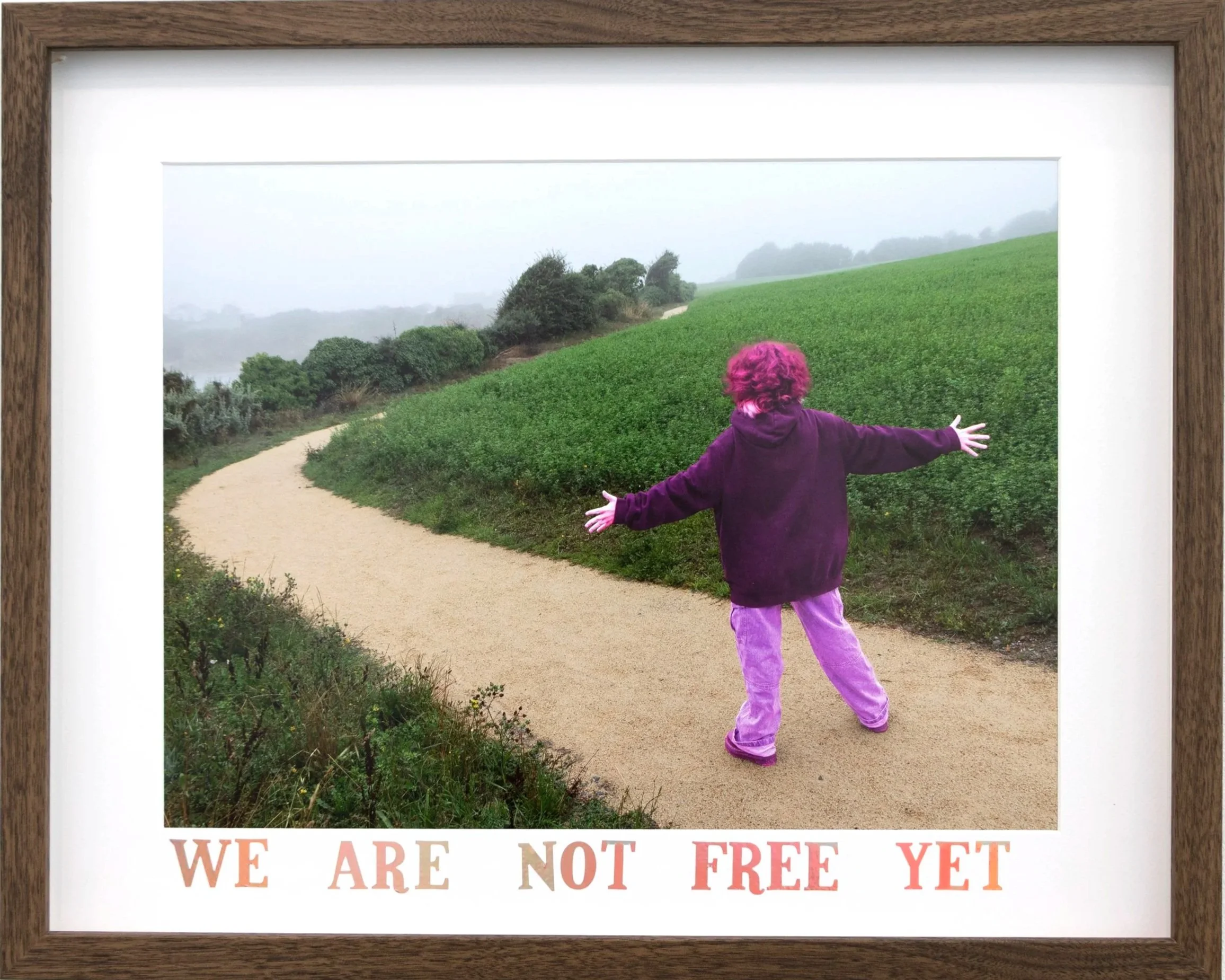 A person with bright pink hair and purple clothing standing on a dirt path extending arms outward, looking at a green field with trees in the distance, viewed through a large window with a wooden frame, with the text "WE ARE NOT FREE YET" at the bott