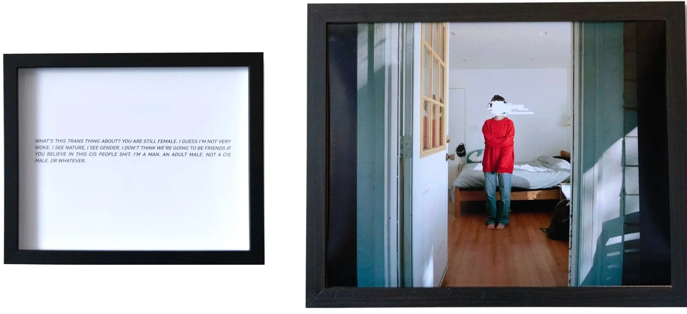 A framed piece of text and a photograph of a woman in a red sweater standing in a bedroom, reflected in a mirror. The text in the frame questions stereotypes about gender identity and expresses the person's gender identity as male.