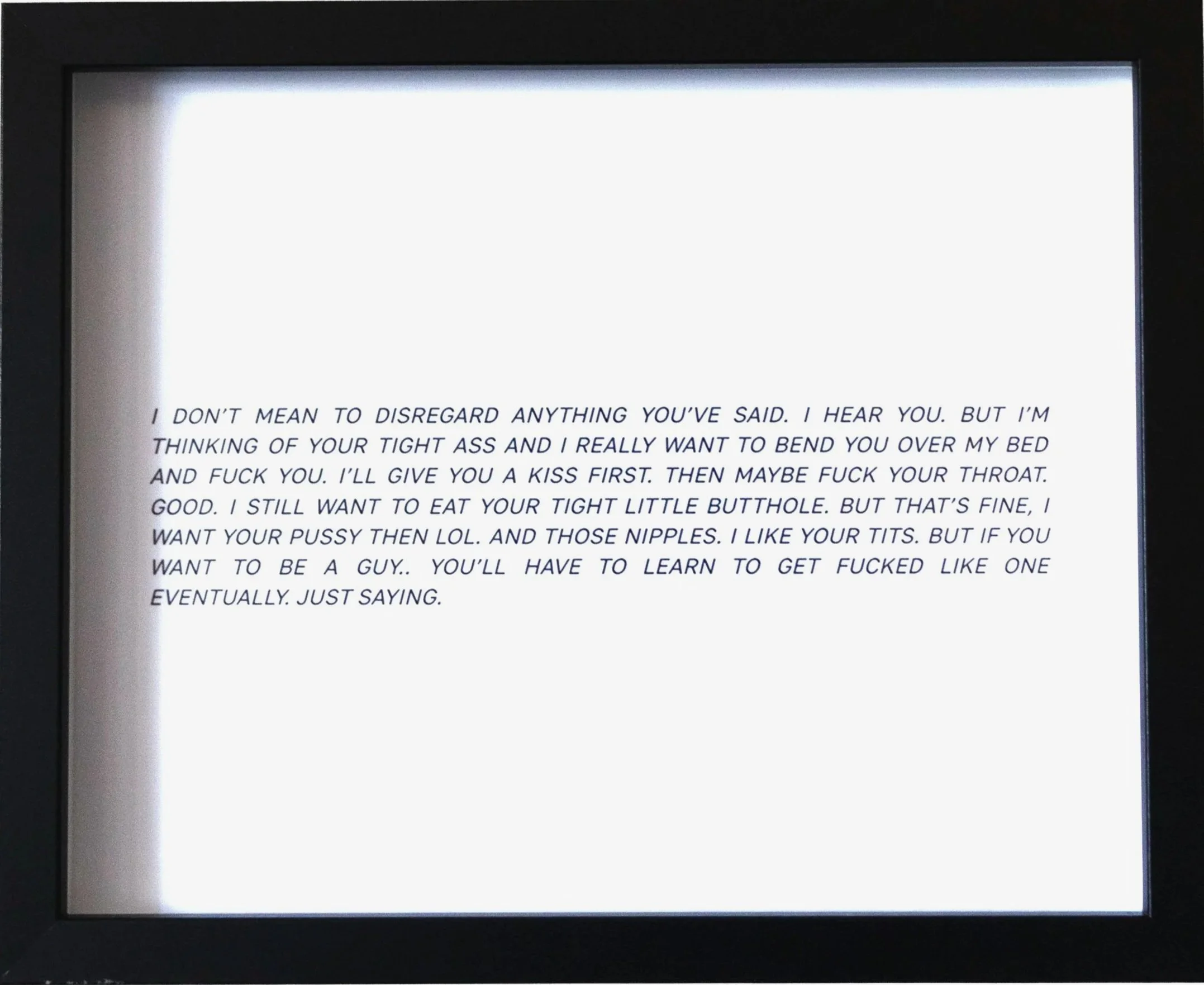 Framed text displaying sexual language and explicit content in small black text.
