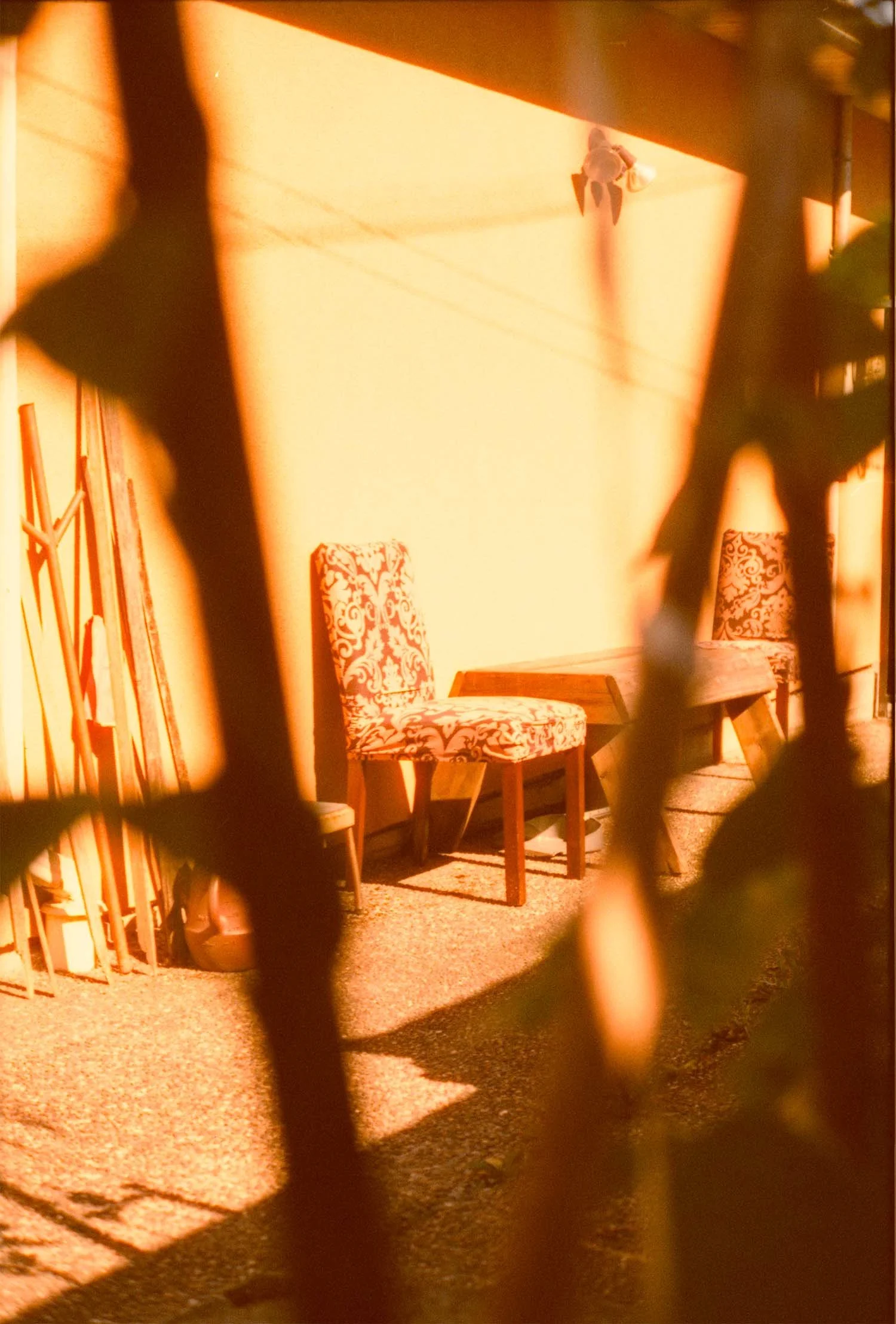 Sunlight casting shadows onto a backyard with two patterned chairs and a wooden bench against a wall, viewed through a garden growing grid