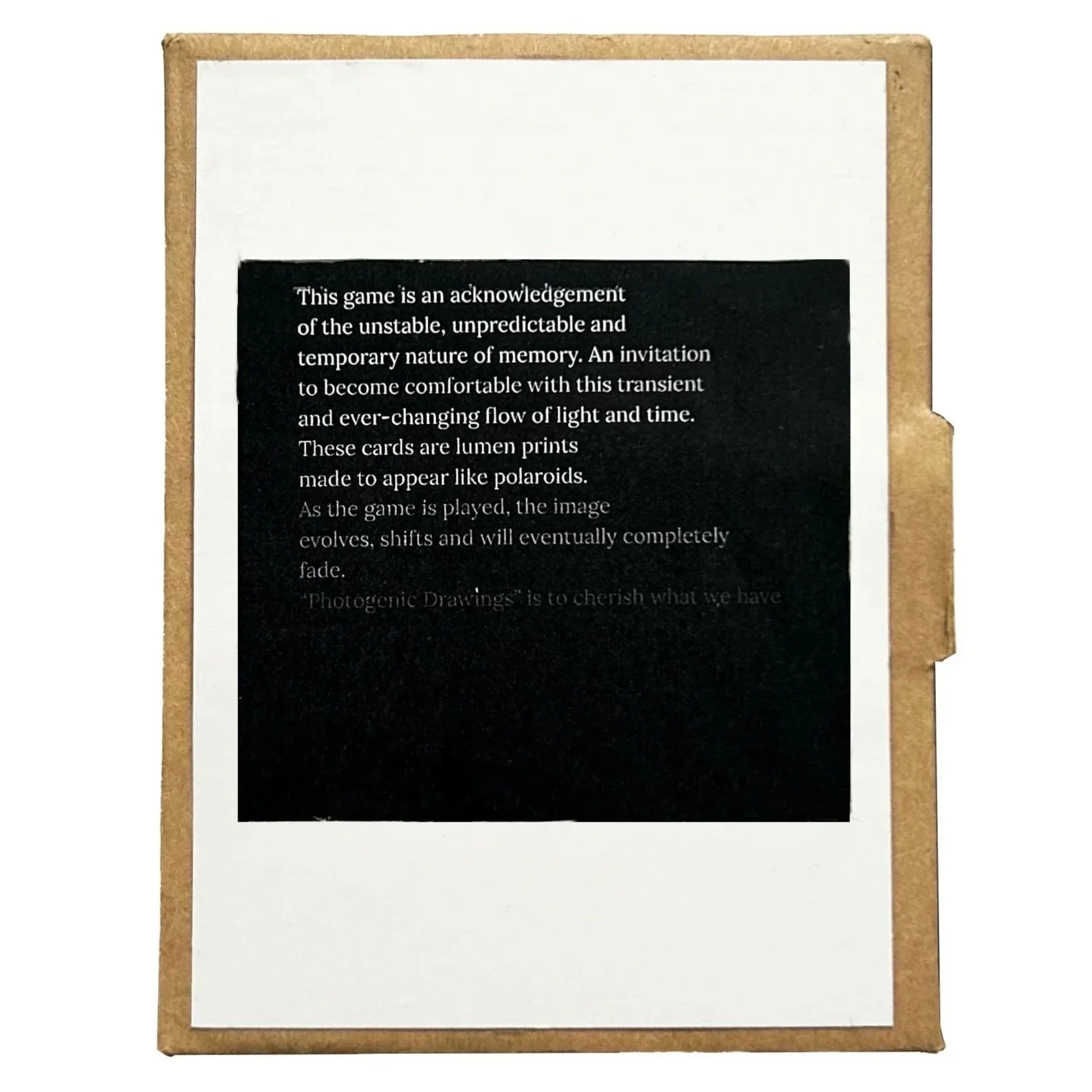 A black card titled 'This game is an acknowledgment of the unstable, unpredictable and temporary nature of memory.' with additional text describing the game.