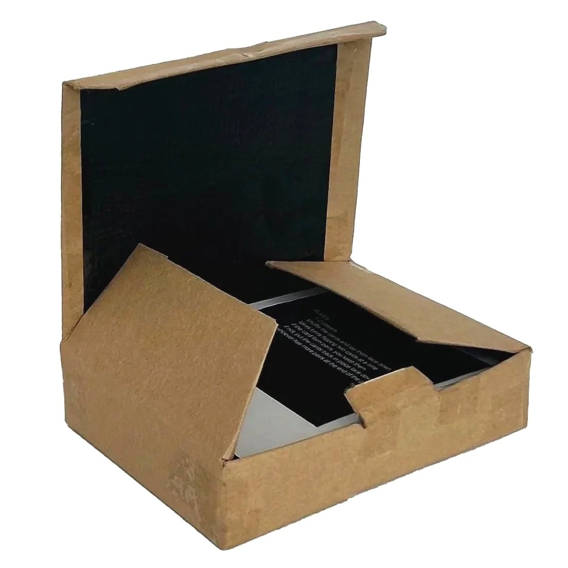 Open cardboard box with black interior and flaps