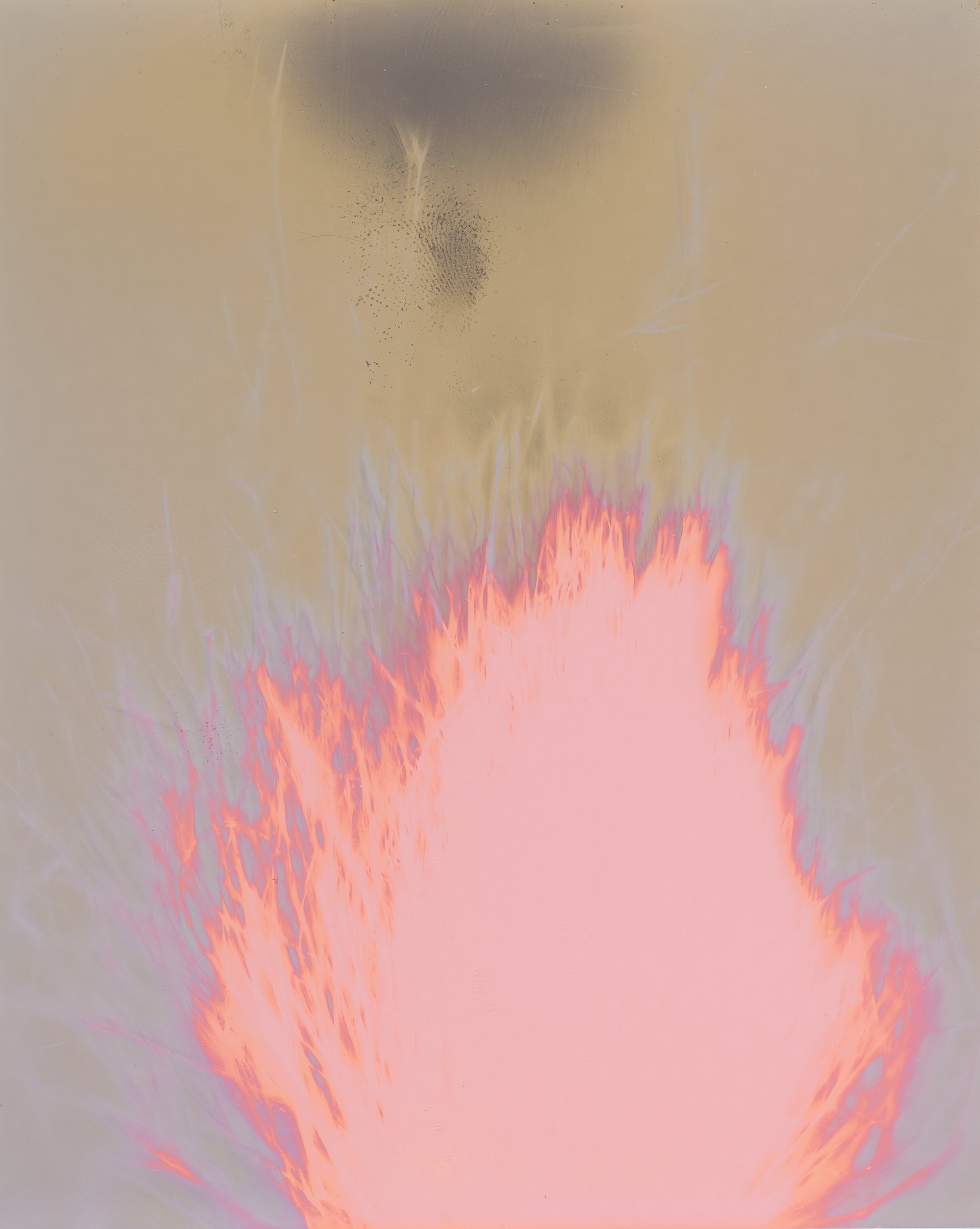 Abstract image with beige background and fiery orange and pink flame-like colors at the bottom, with some dark and faint streaks and spots.