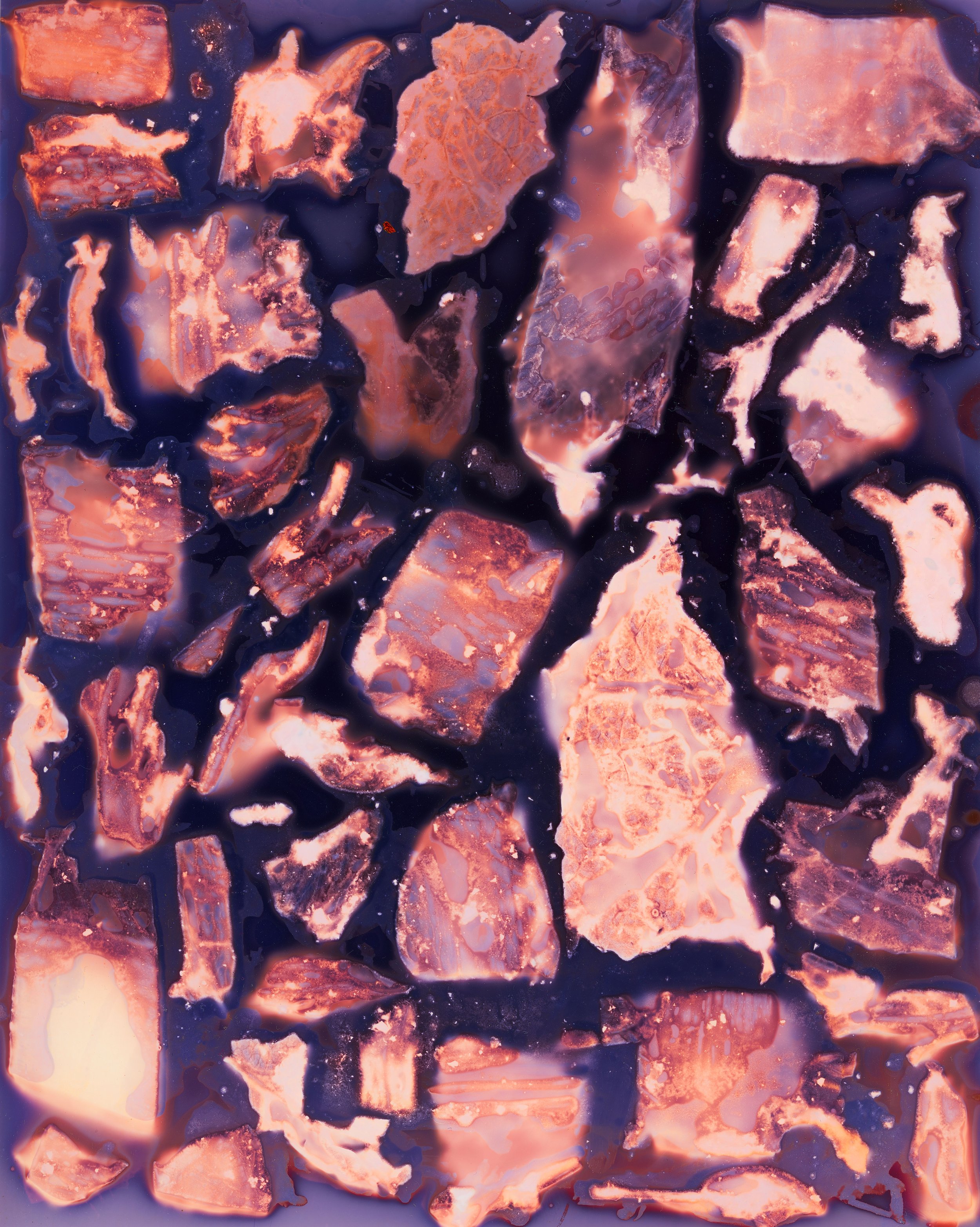 Abstract artwork with irregular shapes in shades of pink, orange, and purple on a dark background.