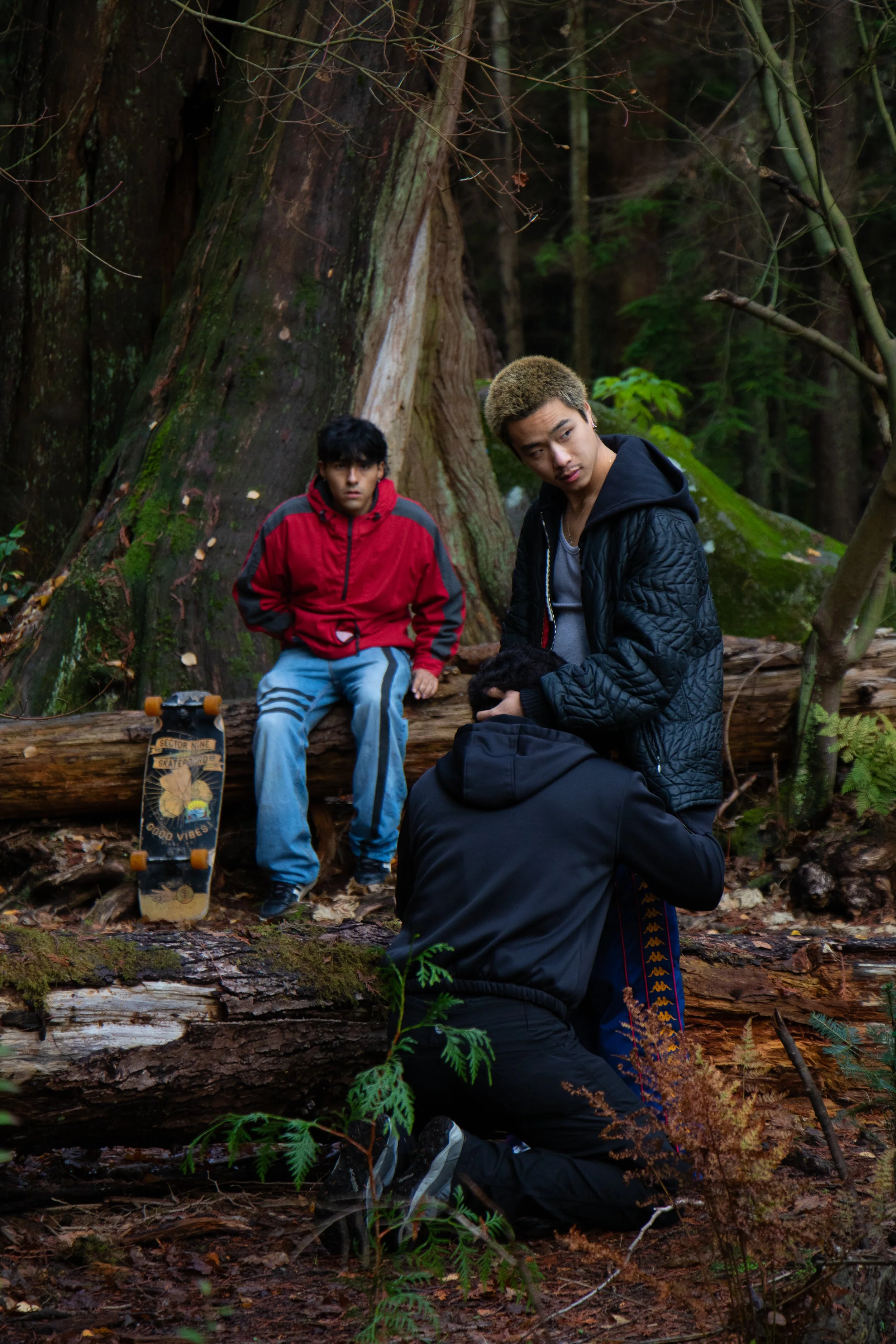 Two young men are sitting on fallen logs in a forest, surrounded by trees and foliage. One has dark hair and wears a red and black jacket, with a skateboard beside him. The other has light brown hair and wears a black jacket, looking intently to the side.