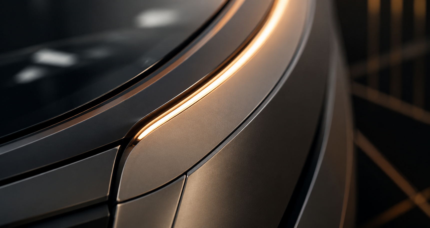 Close-up abstract detail of advanced autonomous infrastructure technology featuring metallic architectural surfaces and integrated lighting.