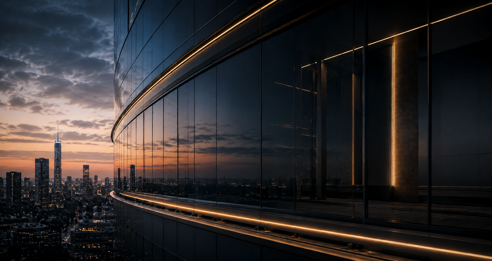 Modern glass curtain wall skyscraper with integrated architectural lighting at dusk, representing autonomous infrastructure technology and advanced building systems by C-Star Robotics.