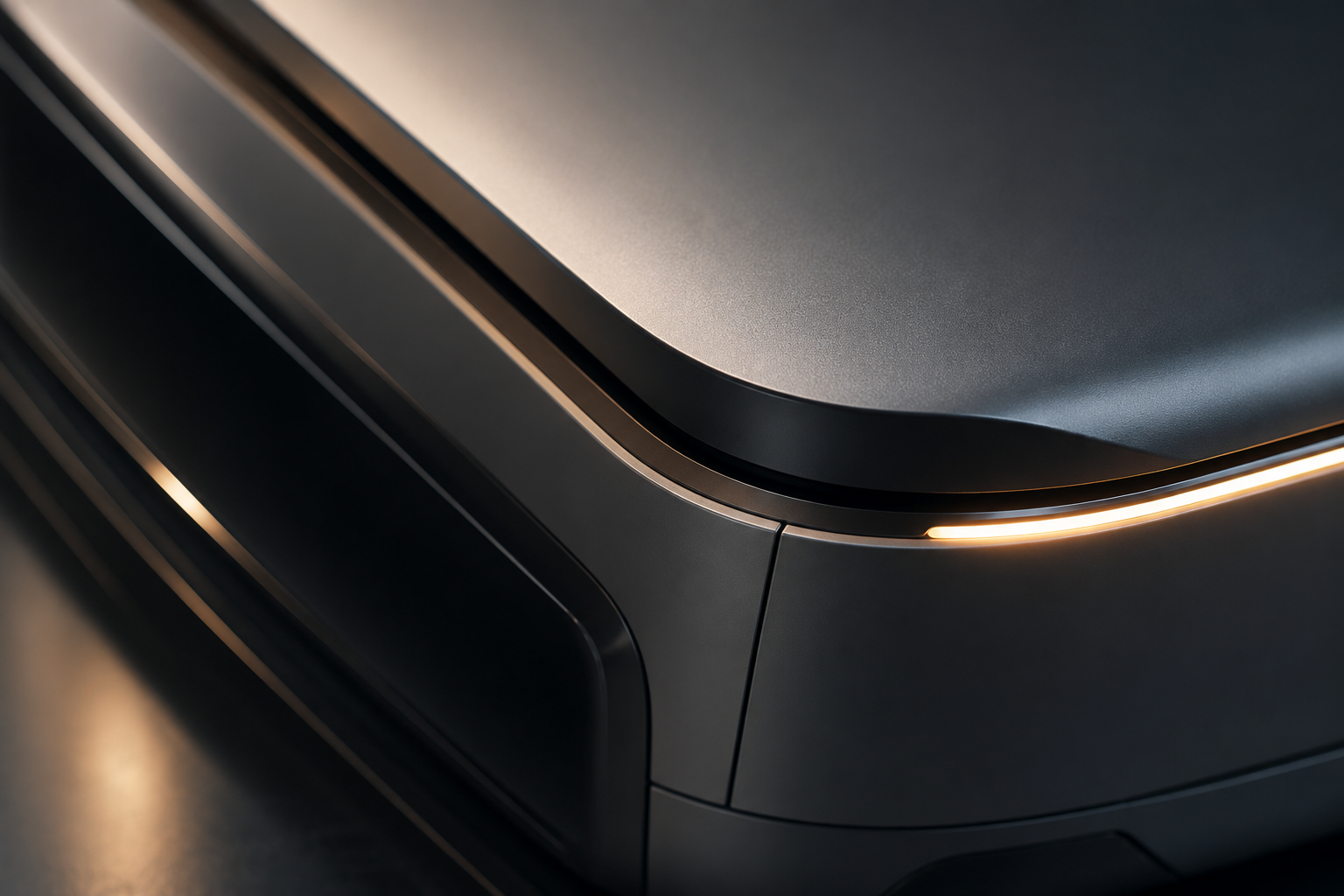 Close-up abstract view of advanced autonomous infrastructure hardware with premium industrial design, dark metallic surfaces, and illuminated accent lighting.
