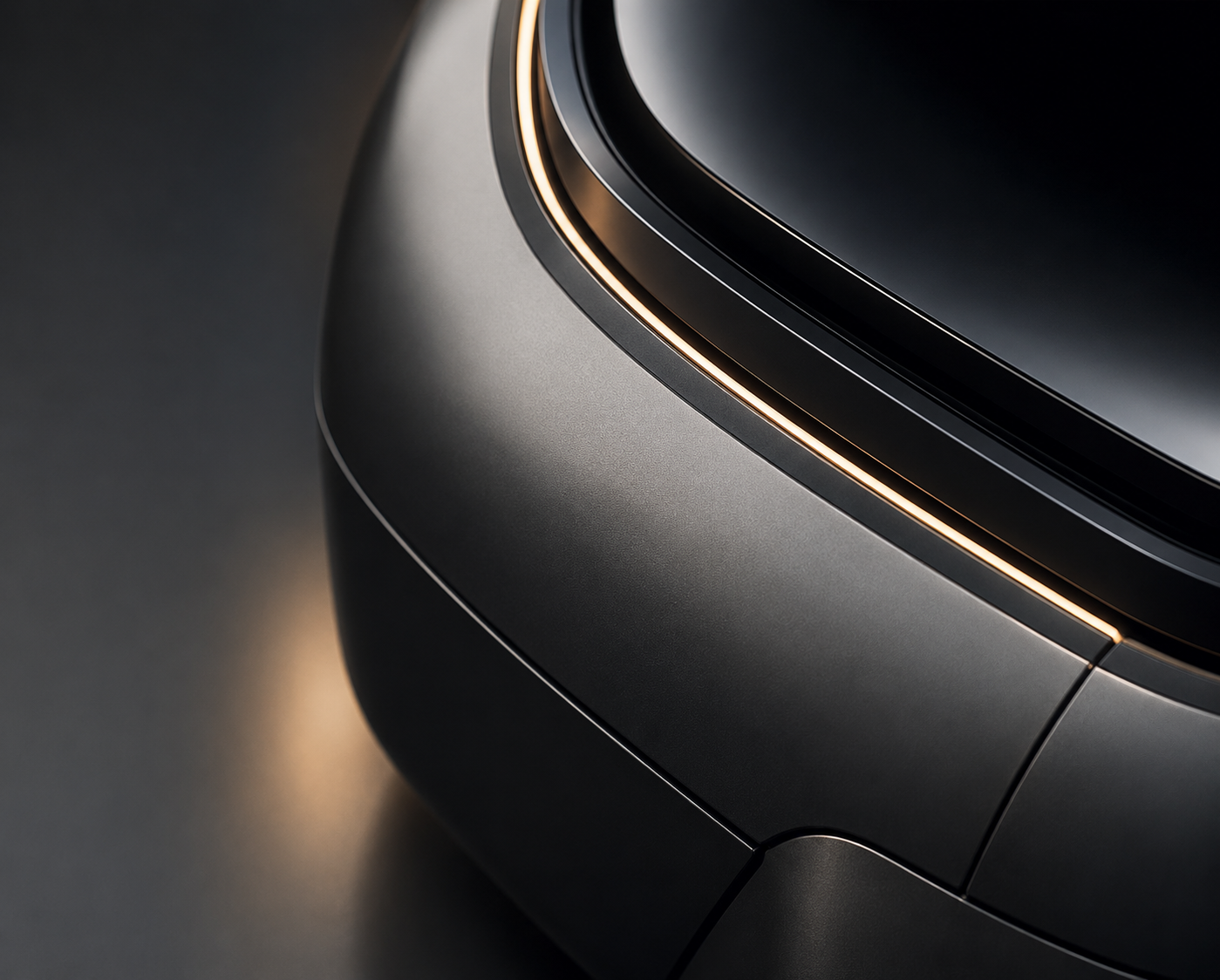 Abstract close-up of advanced autonomous infrastructure systems hardware featuring dark metallic materials, precision seams, and illuminated accent lighting in a premium industrial design aesthetic.