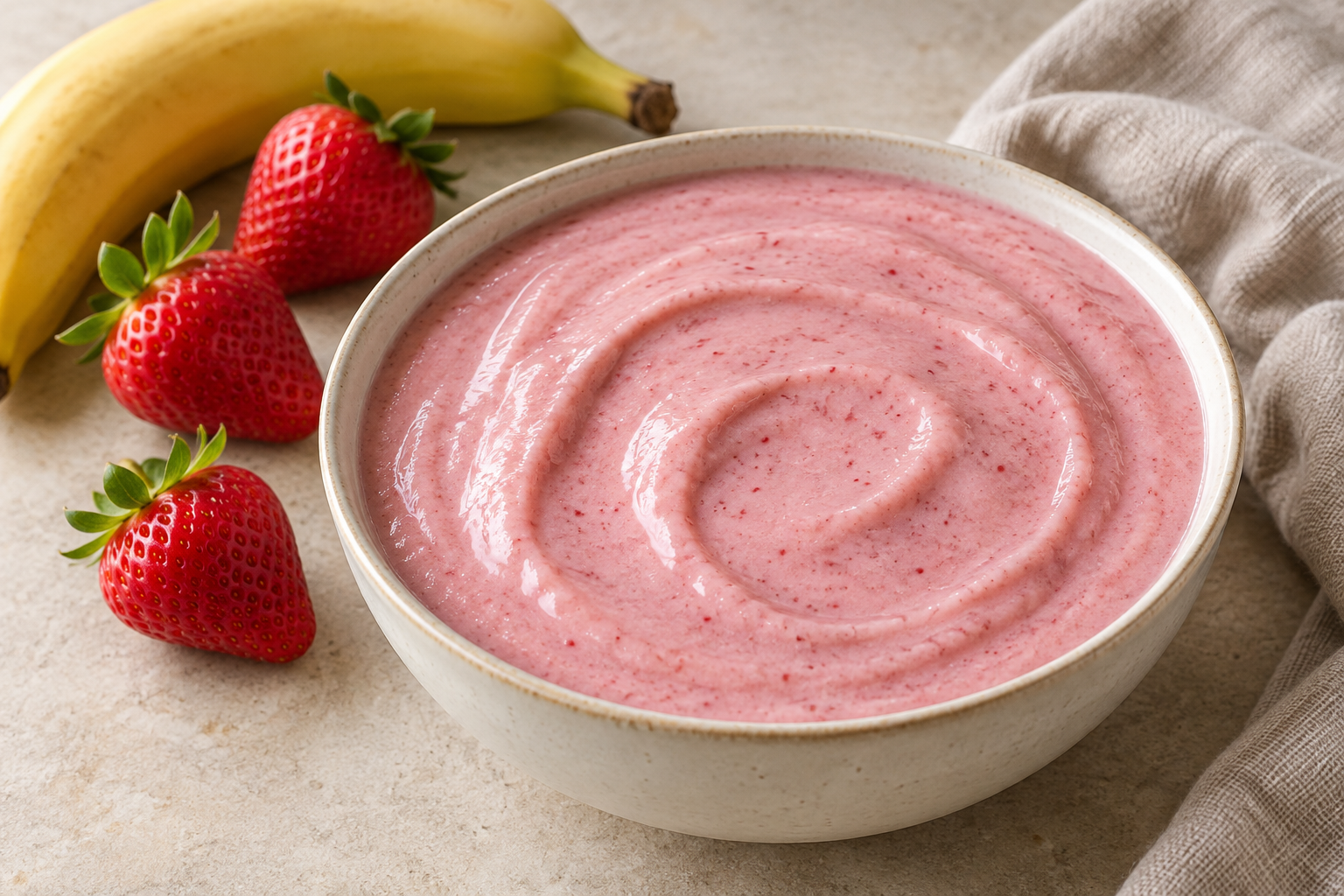 Pink strawberry and banana protein smoothie bowl with fruit beside it.