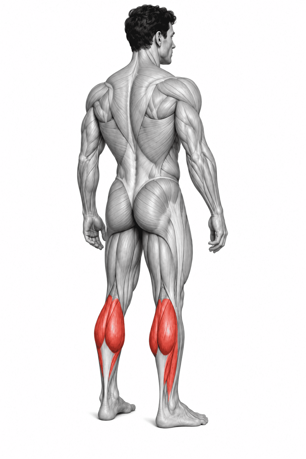 Back view of a muscular male human body with highlighted calf muscles in red.