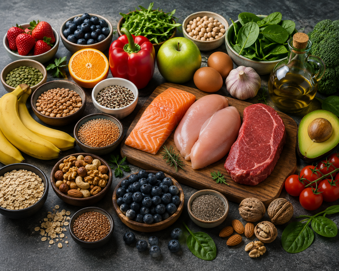 Assorted fresh fruits, vegetables, nuts, seeds, and raw meats arranged on a kitchen countertop, including strawberries, blueberries, oranges, apples, tomatoes, avocado, broccoli, garlic, bell peppers, eggs, salmon, chicken, beef, olive oil, and various nuts and seeds.