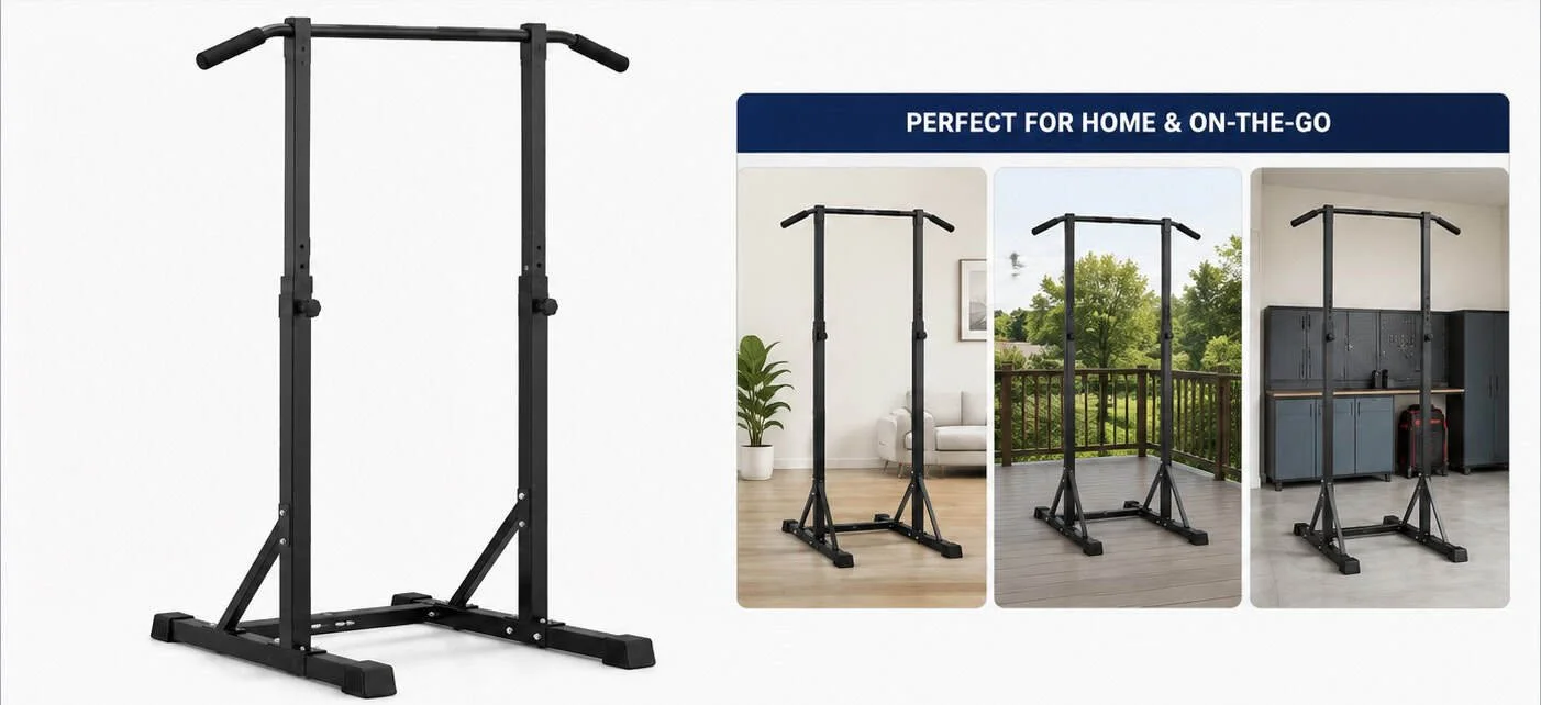 A black pull-up bar station for home exercise, shown in three different indoor and outdoor settings.