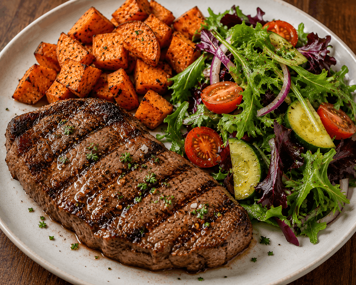 Grilled steak served with sweet potato as a healthy high-protein meal.