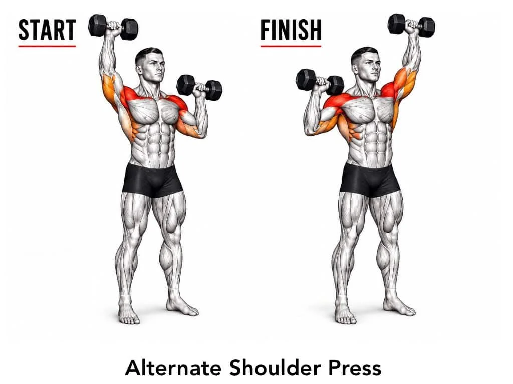 Illustration of a man performing an alternating shoulder press with dumbbells, showing starting and finishing positions, highlighting shoulder and arm muscles.