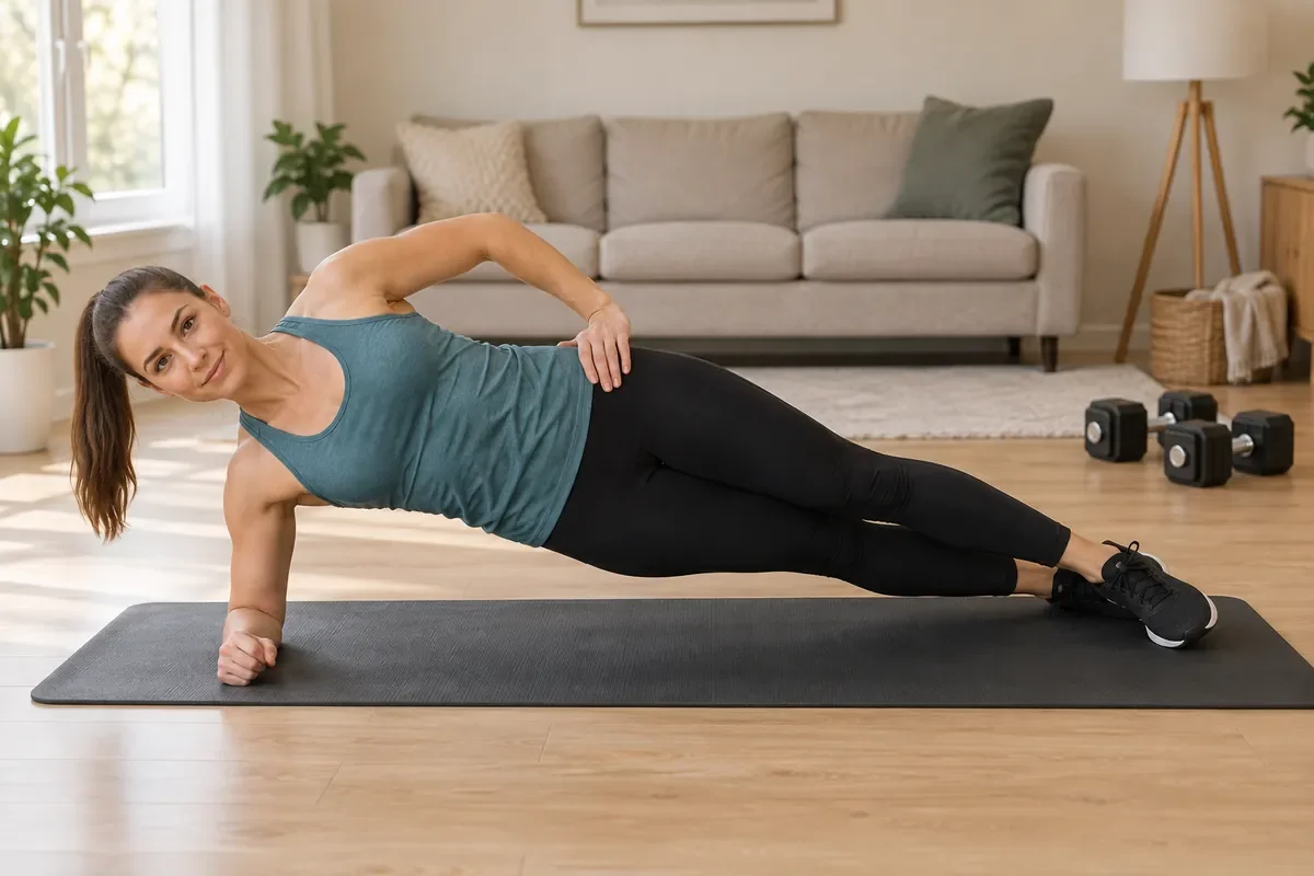 Woman holding a forearm side plank on an exercise mat.