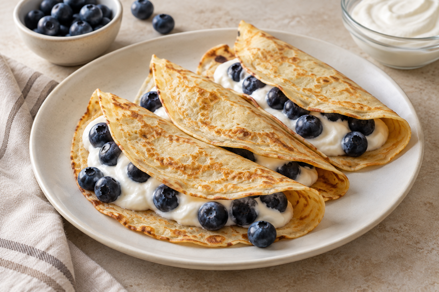 Three folded protein crêpes filled with Greek yoghurt and blueberries.