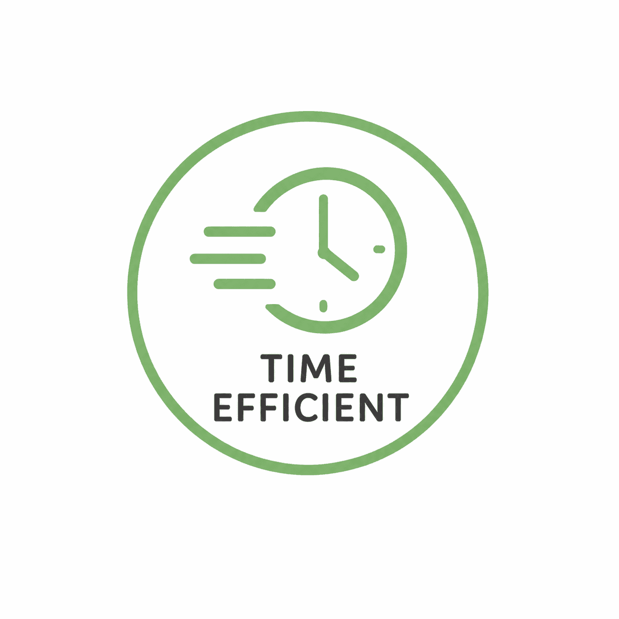 Green clock with motion lines and the words "Time Efficient" underneath, symbolizing speed and productivity.