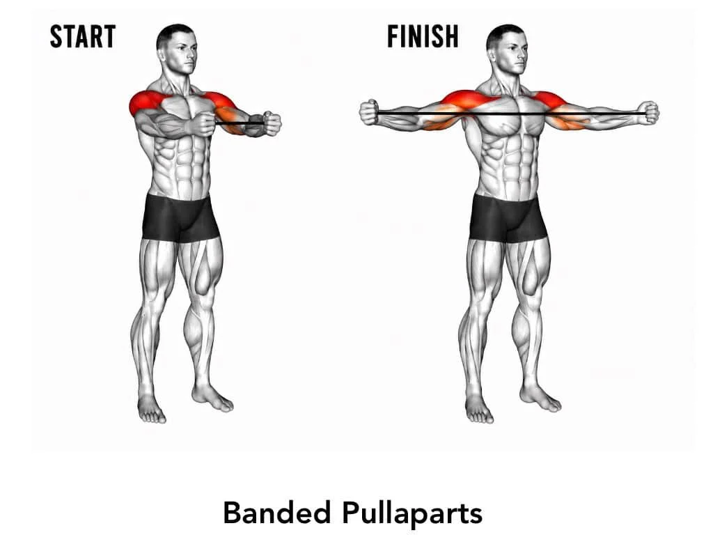 A graphical illustration demonstrating the start and finish positions of a banded pullapart exercise, highlighting shoulder and upper back muscles.