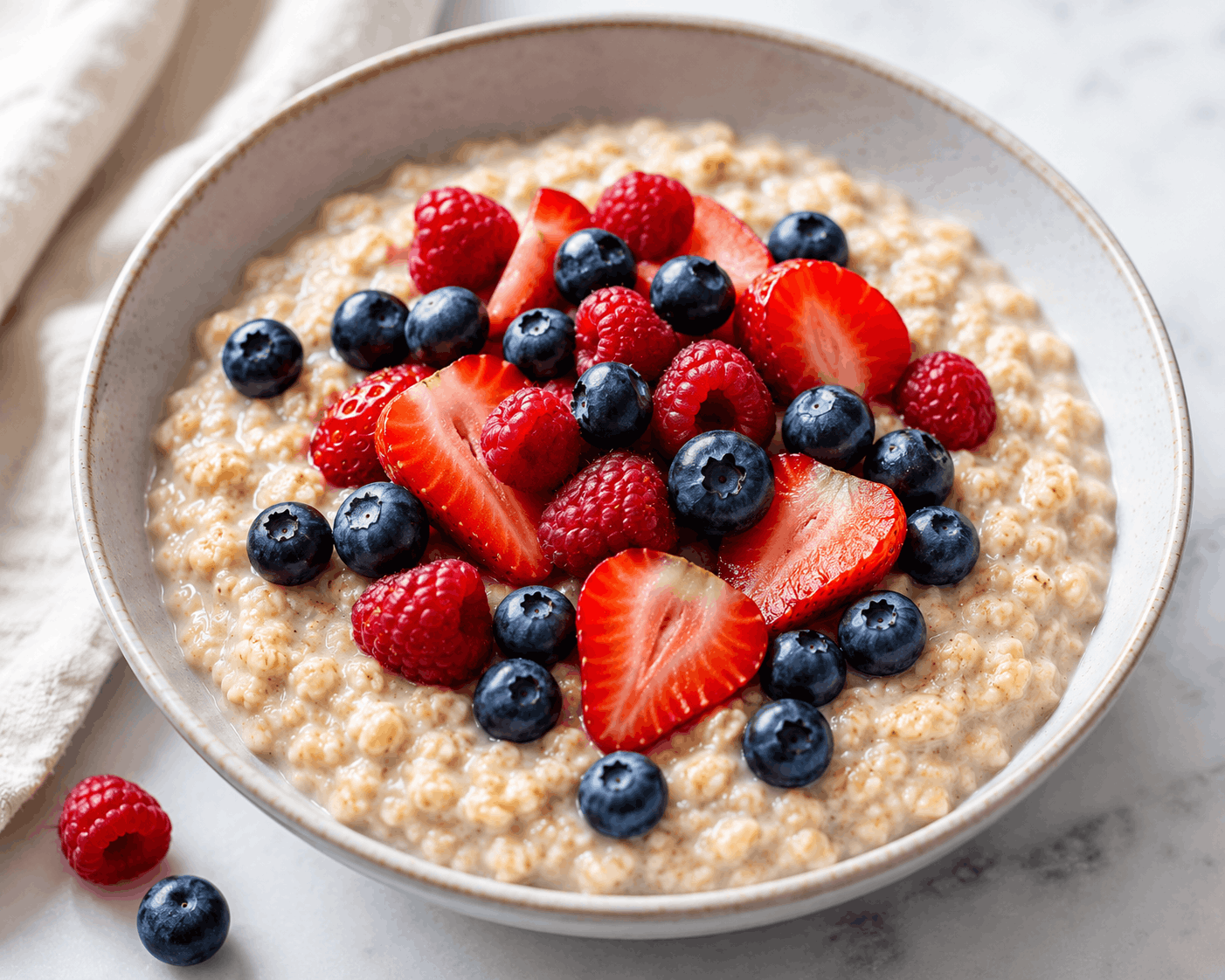 High-protein oatmeal made with whey protein and fresh berries.