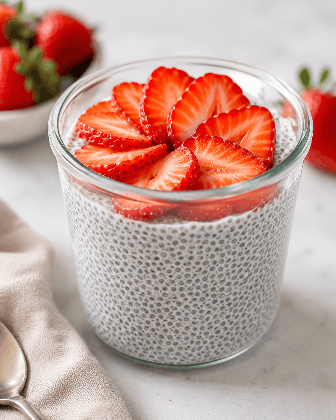 High-protein chia pudding topped with fresh berries and served as a healthy breakfast or snack.