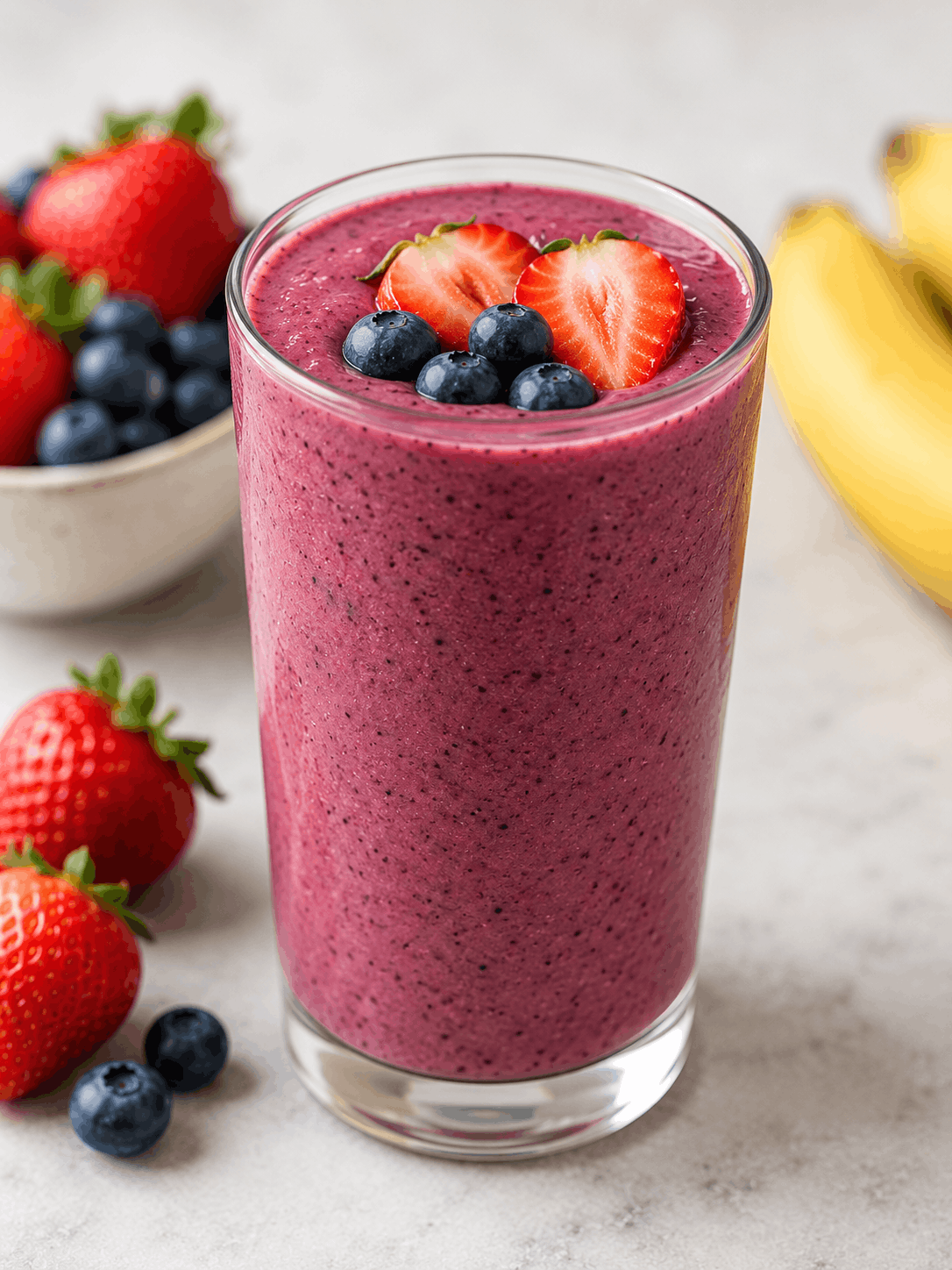 Protein smoothie bowl topped with fresh fruit and served as a healthy high-protein breakfast.
