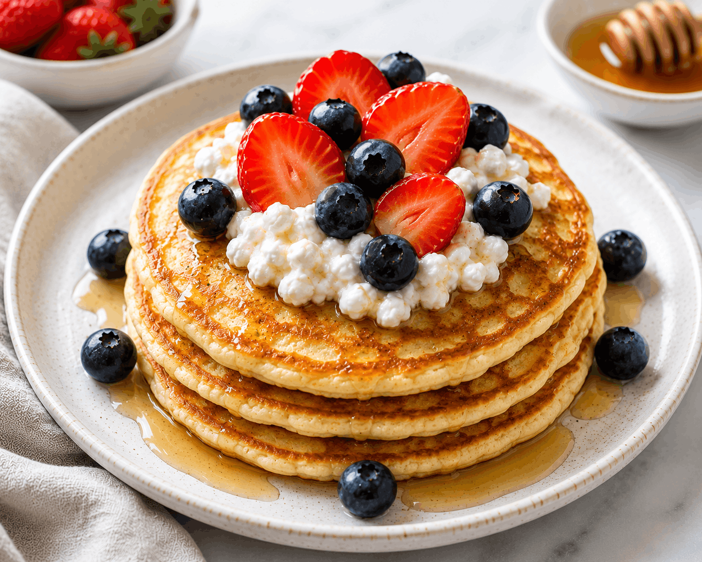 Stack of fluffy cottage cheese pancakes served as a high-protein breakfast.