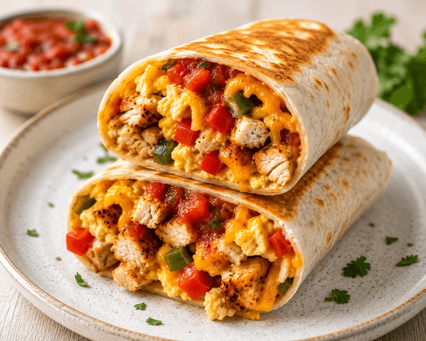 Chicken breakfast burrito filled with protein-rich ingredients and served as a healthy breakfast.