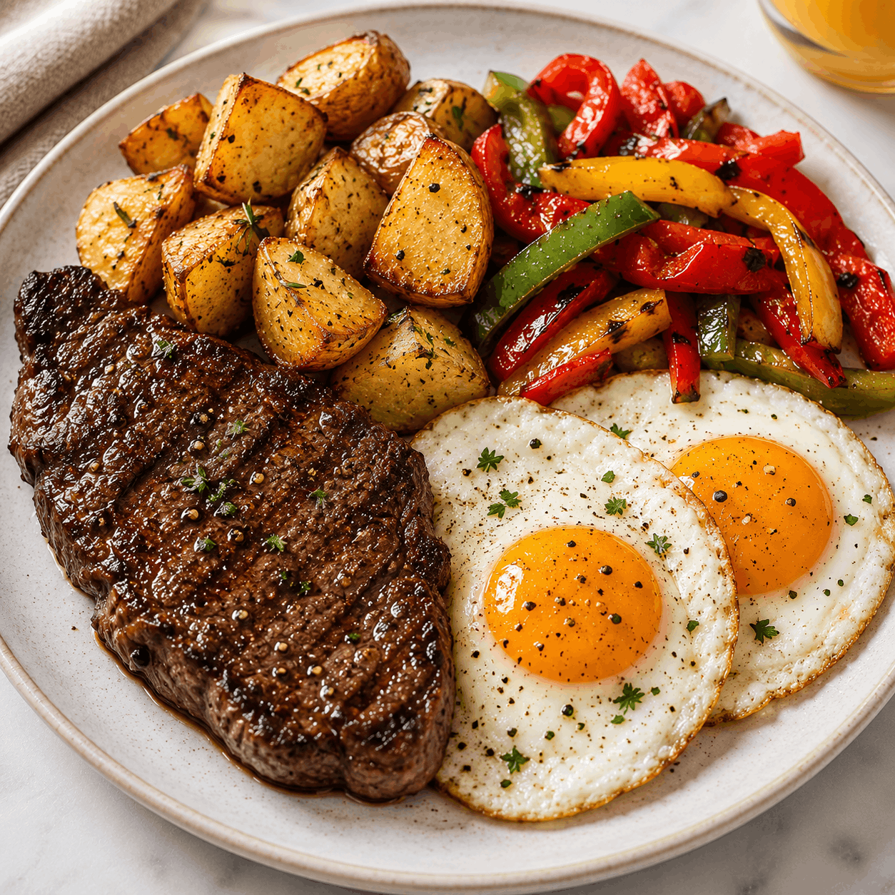 Steak and egg breakfast plate served as a high-protein and satisfying morning meal.