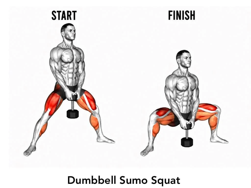 Diagram of a man performing a dumbbell sumo squat exercise, showing the start position on the left and the finished squat position on the right, highlighting muscle engagement in the legs and core.
