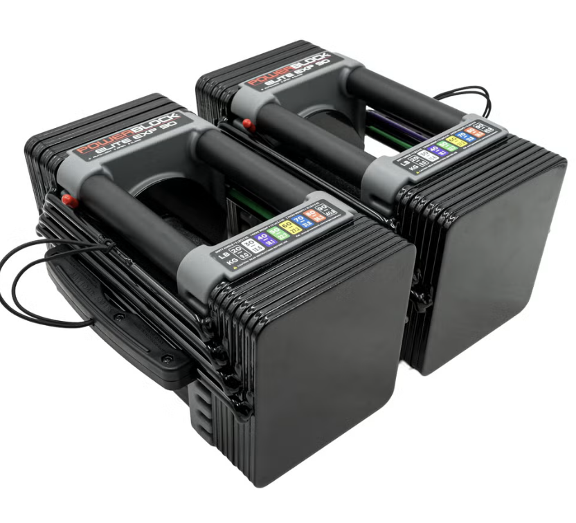 Two black PowerBlock Elite EXP 50 adjustable dumbbells with digital weight displays