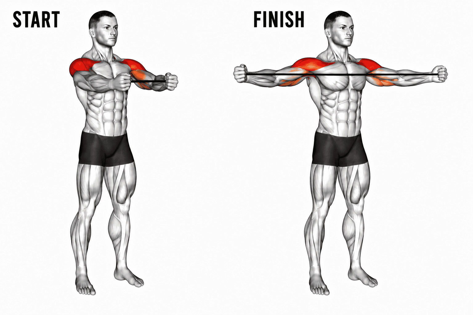 Diagram showing a man performing a banded pullapart exercise with a starting position on the left and a finishing position on the right, highlighting upper body muscles involved.