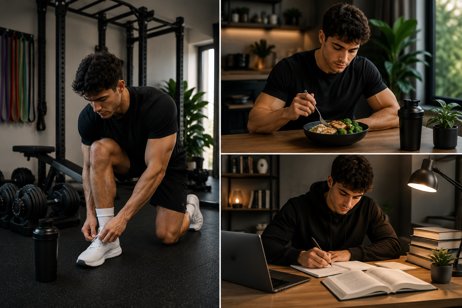 A collage of three images showing a young man. In the first image, he is at the gym tying his shoelace near a weightlifting station. In the second image, he is eating a bowl of food, possibly in a kitchen or dining area. In the third image, he is studying or working at a desk with a laptop, books, and a plant, in a cozy, well-lit room.